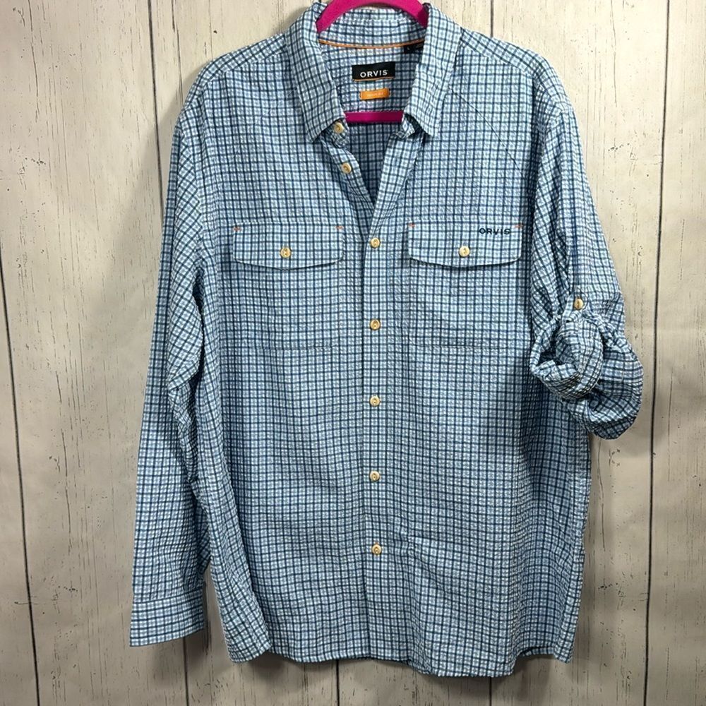 Orvis Active Fit Mens Twill Blue White Check Button Up Roll Tab Sleeve Shirt